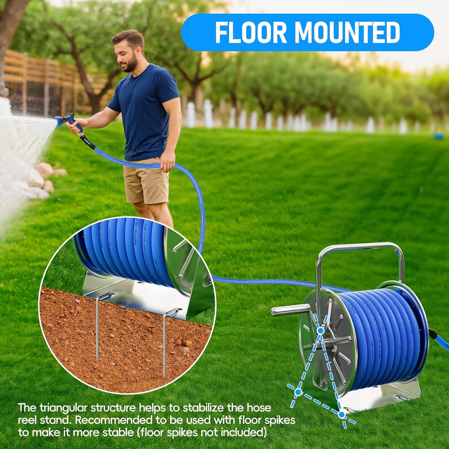SPECILITE Stainless Steel Garden Hose Reel with 5/8'' x Hot/Cold 75 FT Water Hose and 6FT Leader Pipe, -50℉ -190℉, Wall/Floor Metal Mounted Spool Storage, UV Resistantfor Outside, Yard, Patio