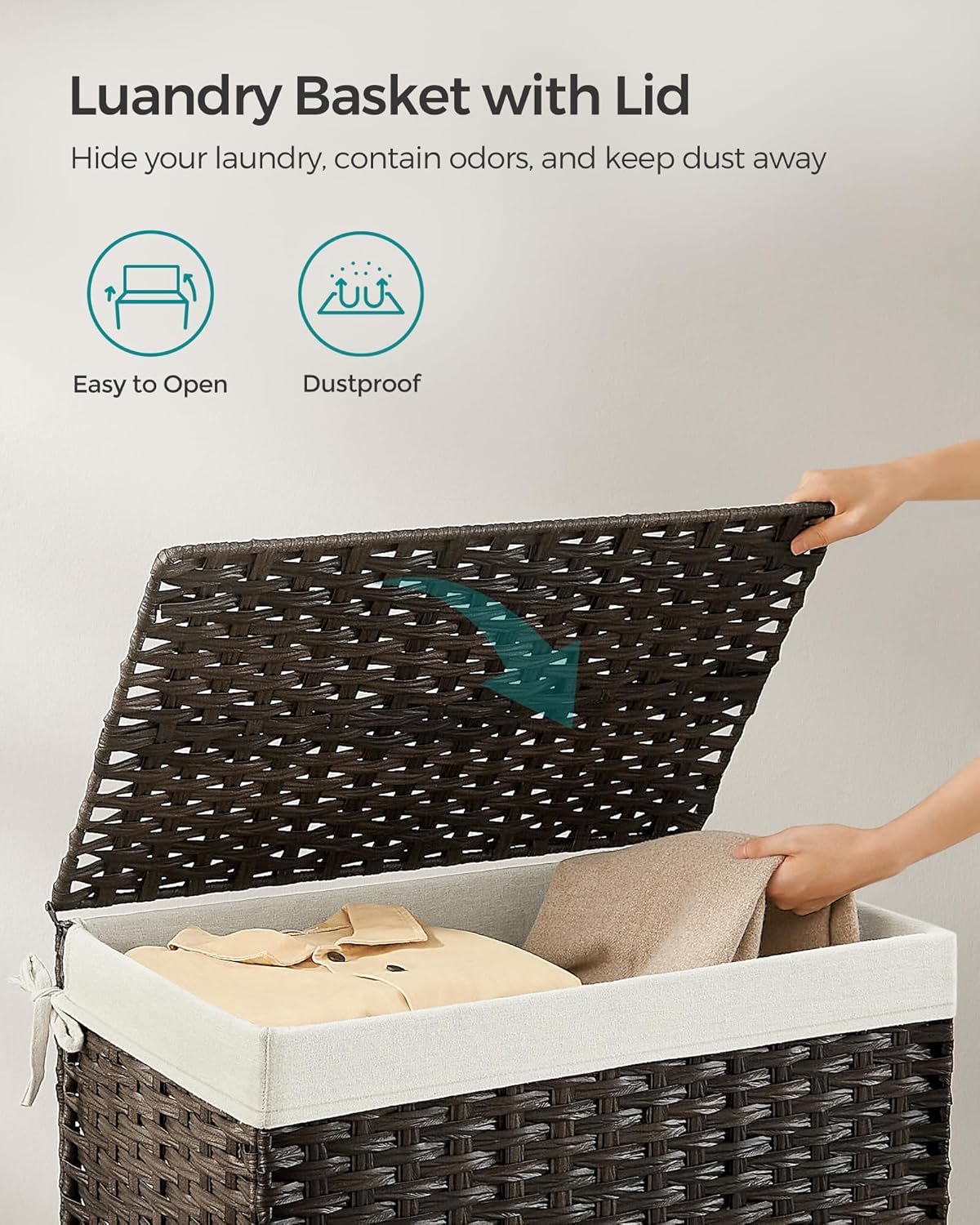 SONGMICS Storage Basket with Lid, Woven Blanket Storage Bin with Handles, Foldable, Removable Liner, Metal Frame, for Bedroom, Laundry Room, 27.7 Gallons (105 L), Brown URST066K01