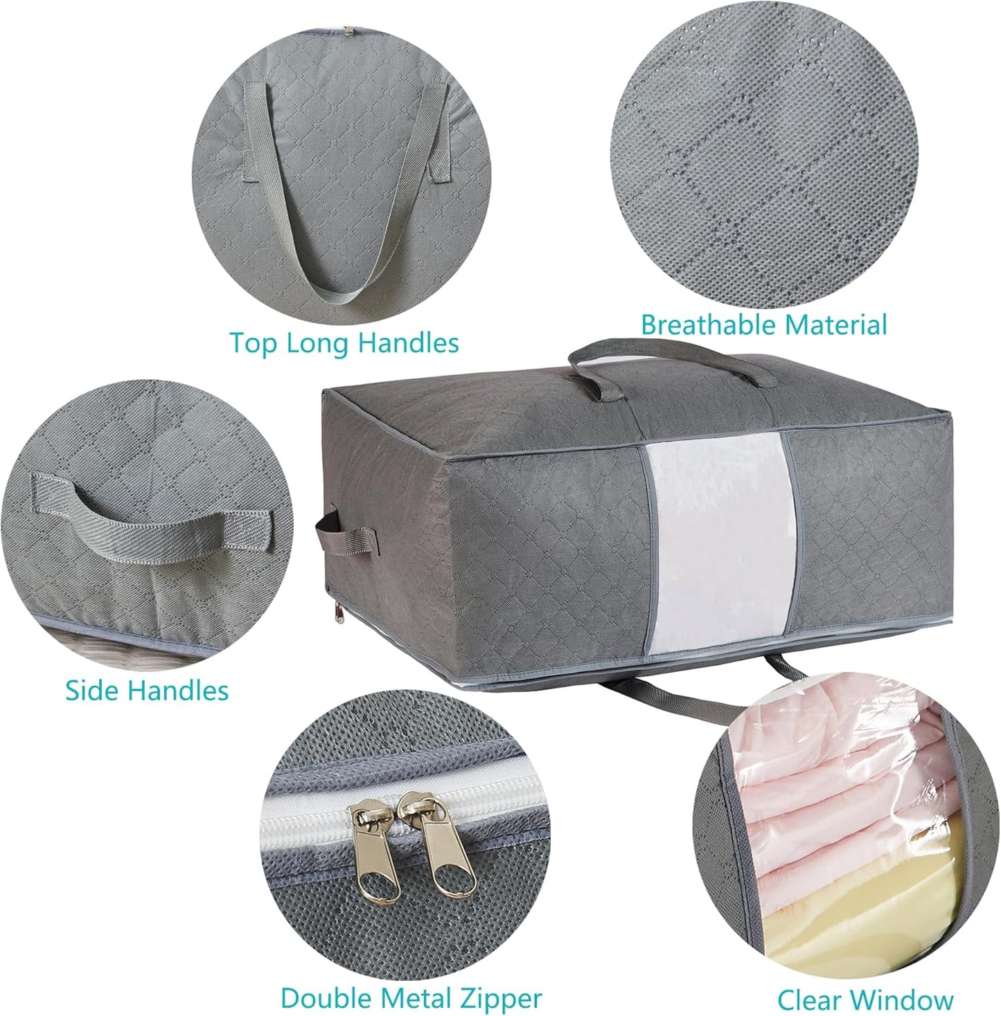105L Extra Large Storage Bags for Blankets, King Comforters, Bedding, Clothes, Pillows, Sheets - Closet Organizers and Storage with 4 Handles & Clear Window, Foldable & Breathable (Grey, 2pack)
