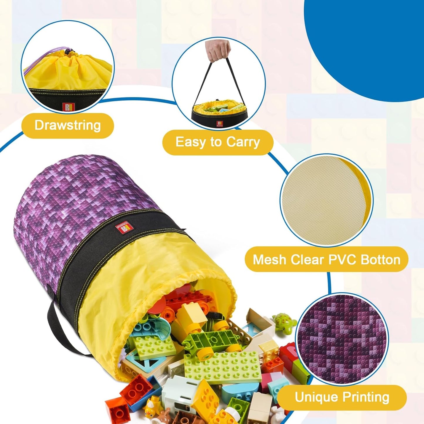 Toy Storage Organizer Basket Bag with Drawstring for Buliding Bricks, Blockets,Puzzles,Playroom Cinch Bucket Carrying Bag with Handle (Purple)