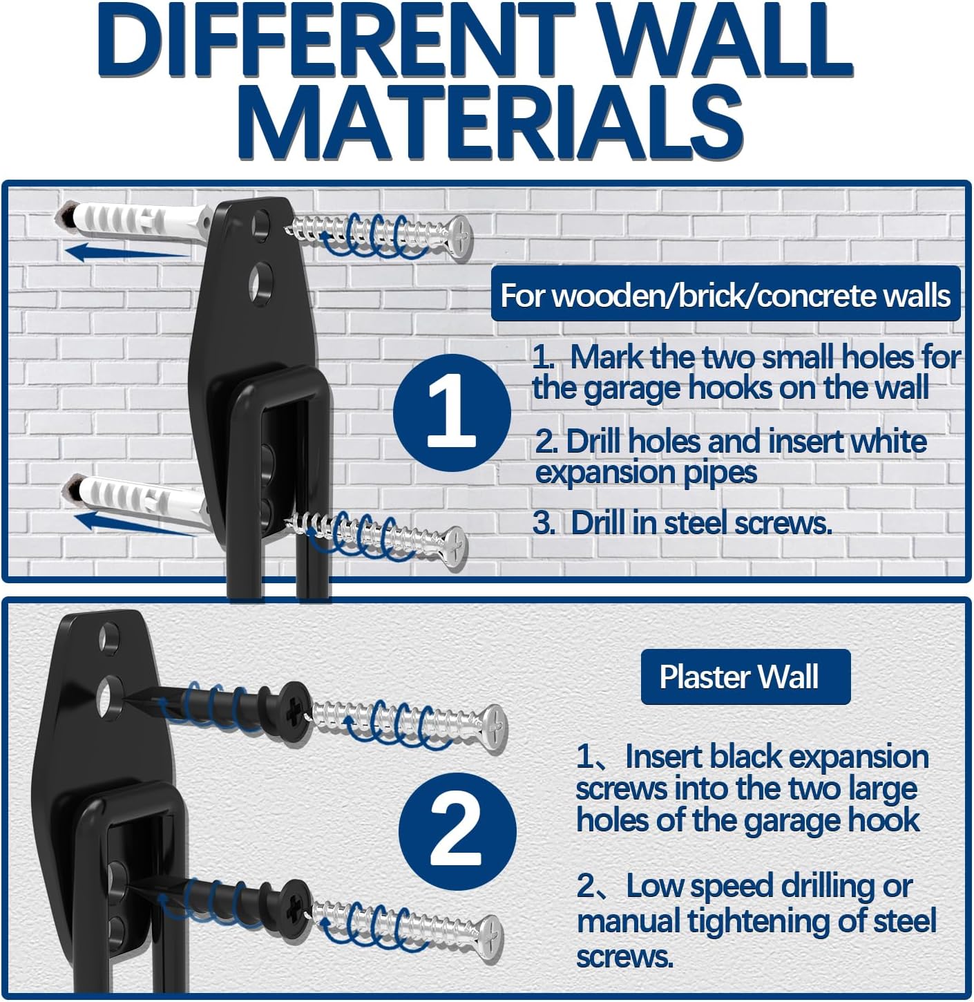 3-H Garage Wall Hooks 14 Pack, Garage Hooks Heavy Duty with Extra Welding Spots, Wall Mount Storage Organizer for Hanging Garden Lawn Tools, Ladder, WeedEater, Chair, Shovel, Blower (Black)