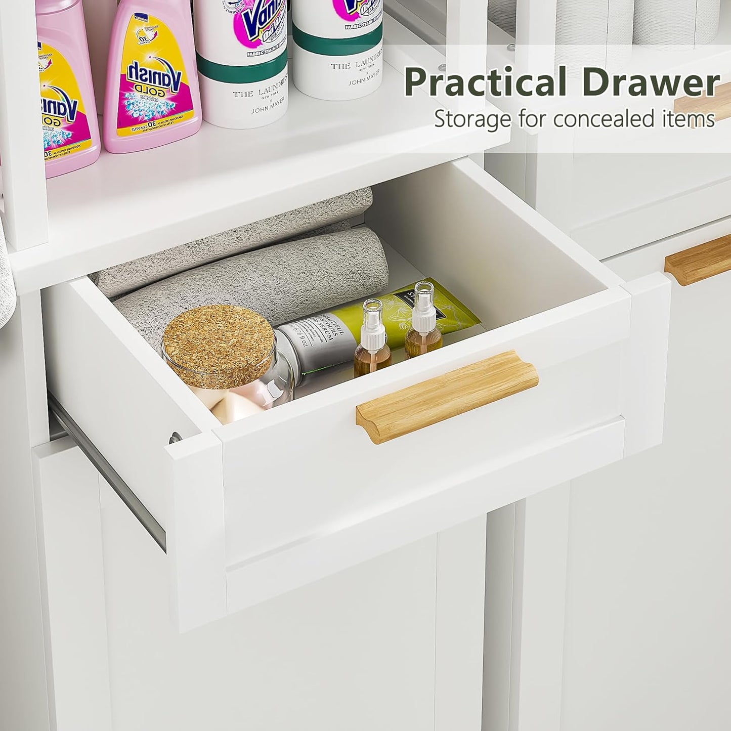 VECELO 53" Tilt Out Laundry Hamper, Tall Bathroom Cabinet with Hidden Removable Basket, 2-Tier Open Shelves, 1 Drawer and 3 Side Hooks for Storage, White