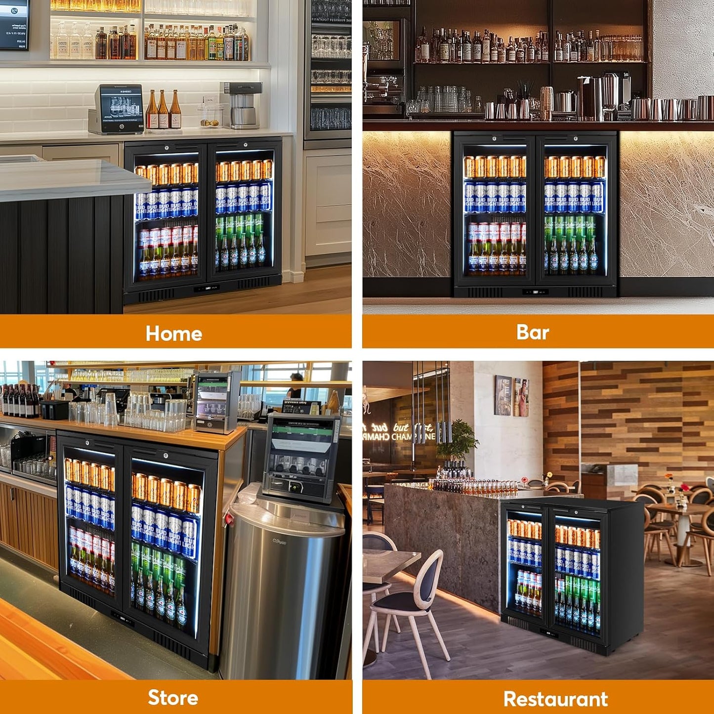 Back Bar Cooler Undercounter Beverage Refrigerator with Glass Door, Commercial Display Fridge for Beer Drink Soda with Temperature Control, 7.2Cu. Ft. Large Capacity, Black