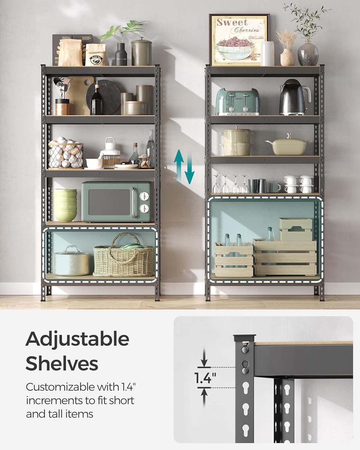 SONGMICS 5-Tier Storage Shelves, Load 2310 lb, Garage Storage, Boltless Assembly, Adjustable Shelving Unit, 17.7 x 35.4 x 70.9 Inches, for Study Shed Basement, Gray and Natural Beige UGLR450G01