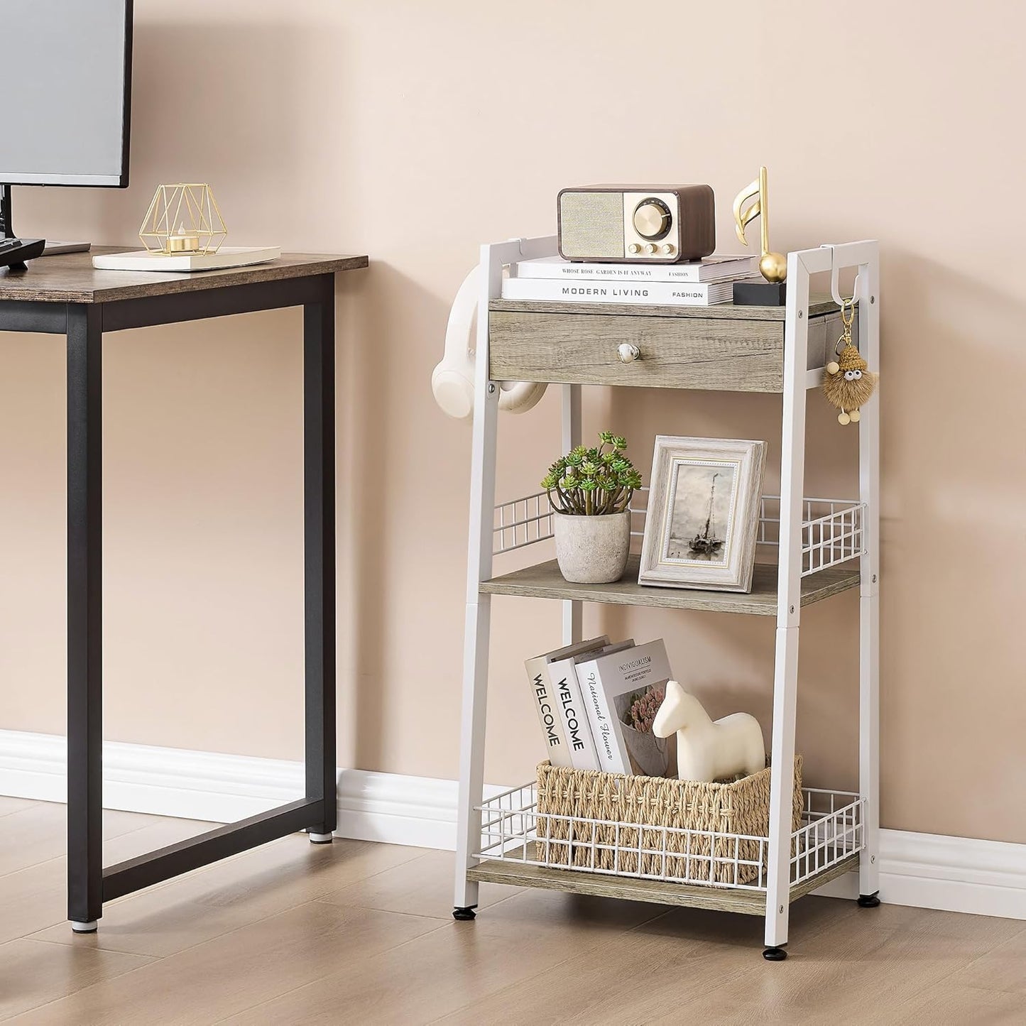 3-Tier Ladder Shelf with Drawer, Bathroom Floor Storage Shelf, Freestanding Tower Shelf Ladder Bookshelf for Living Room,Bedroom -White