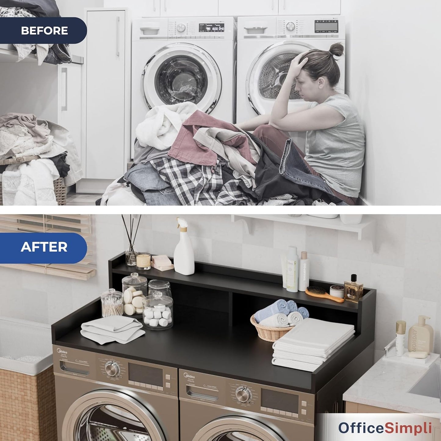 OfficeSimpli Washer Dryer Countertop with Shelf - 27.5 x 54 Inch - Made in USA Laundry Countertop Over Washer and Dryer with Non-Slip Pads, Storage Shelf, Laundry Topper Organizer, Black