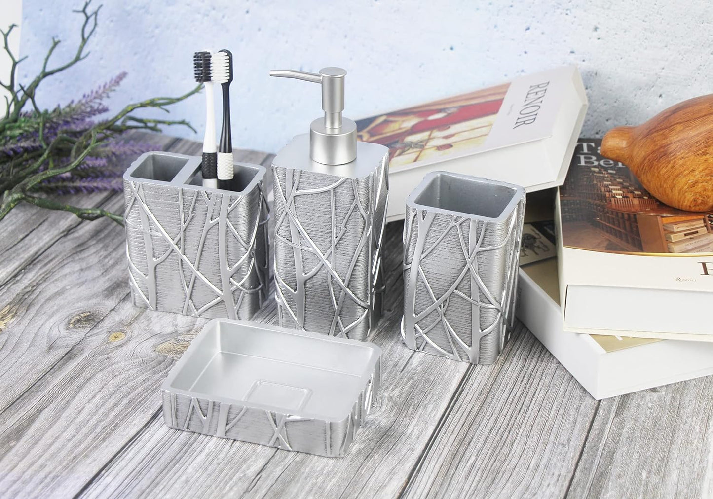 Hymmah Silver Bathroom Accessories Set,Toothbrush Holder,Farmhouse Bathroom Decor,4 Pcs Resin Gift Set Apartment Necessities, Contain Toothbrush Cup,Soap Dispenser,Soap Dish,Tumbler