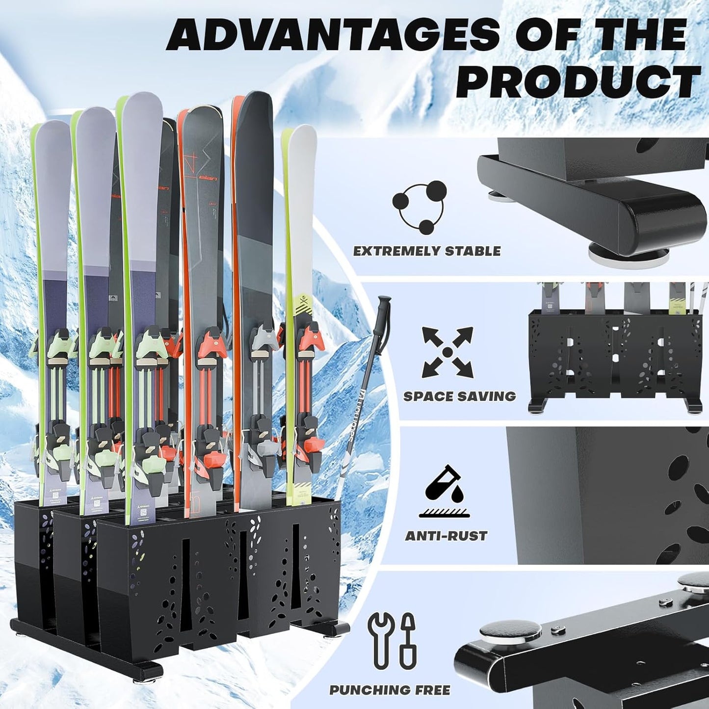 Ski Storage Rack for Garage, 12 Pair Heavy Duty Steel Freestanding Ski Storage Organizer, Indoor Ski Holder Racks for Home and Garage Storage