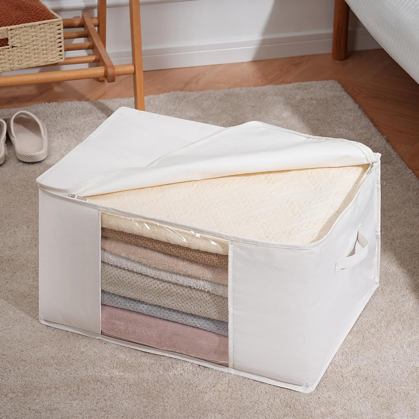 TYEERS Large Storage Bags with Zipper and Clear Window, Cotton Blended Fabric Storage Containers for Seasonal Clothes and Bedding, 23.6x15.7x13.8 Inches, 8-Pack, Beige