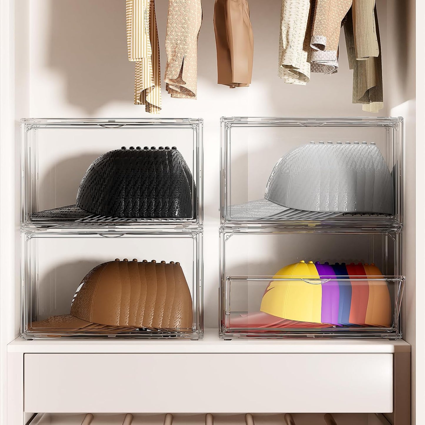 Hat Organizer Box, 2 Pack Hat Storage for Baseball Caps, Stackable Cap Hat Container Holder Rack with Magnetic Lids, Dustproof and Waterproof Acrylic Dispaly Case