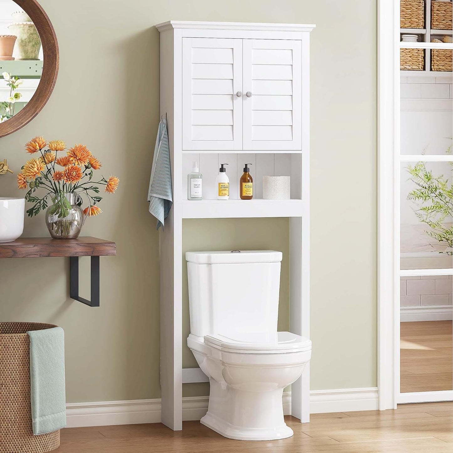 Spirich Over The Toilet Storage Cabinet, Space-Saving Above Toilet Bathroom Organizer with Adjustable Shelf and Hooks, White