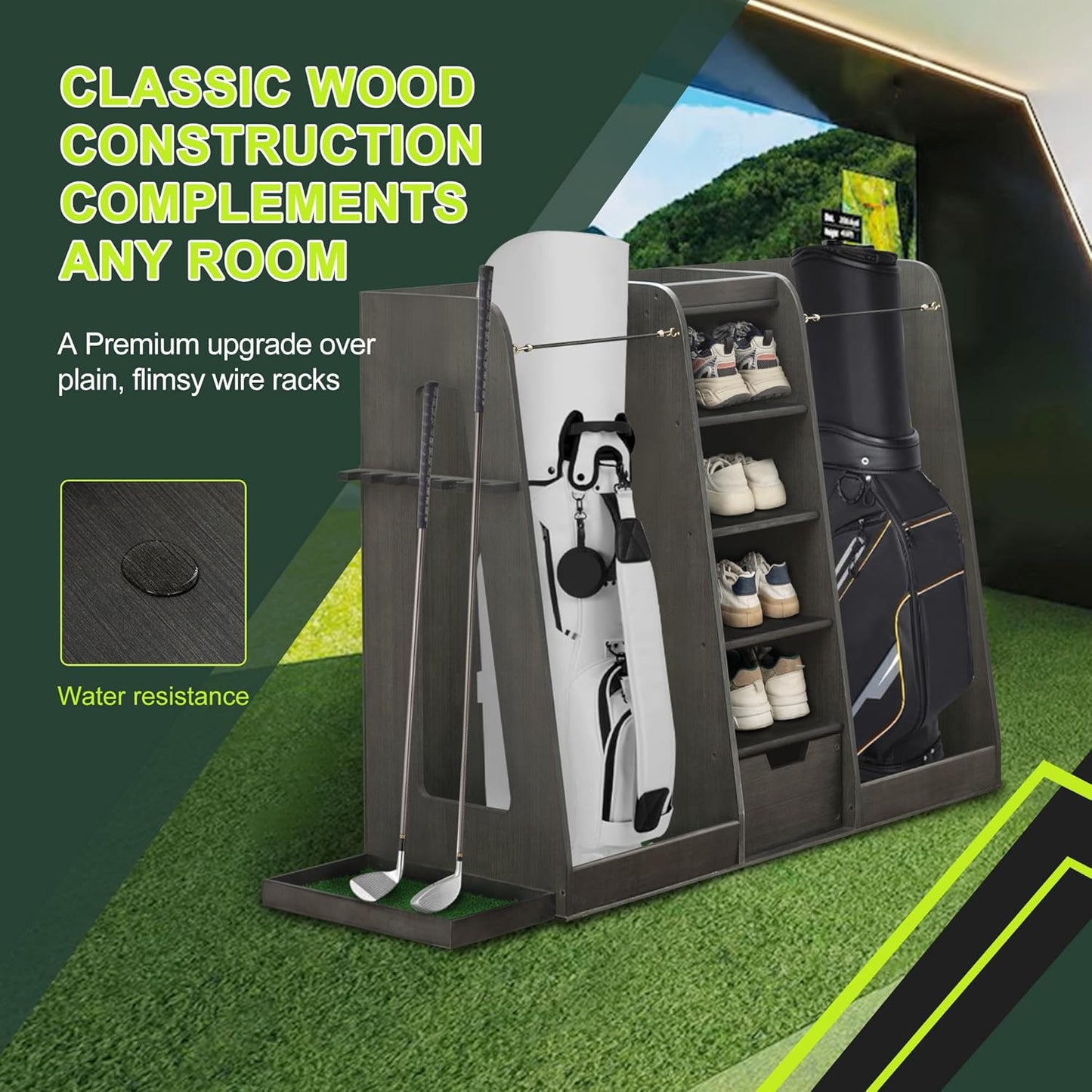Wooden Golf Bag Storage Organizer Fits 2 Bags and Multiple Golfing Equipment Accessories, Golf Bag Rack Club Stand Holder Great Gifts for Any Level Golfer