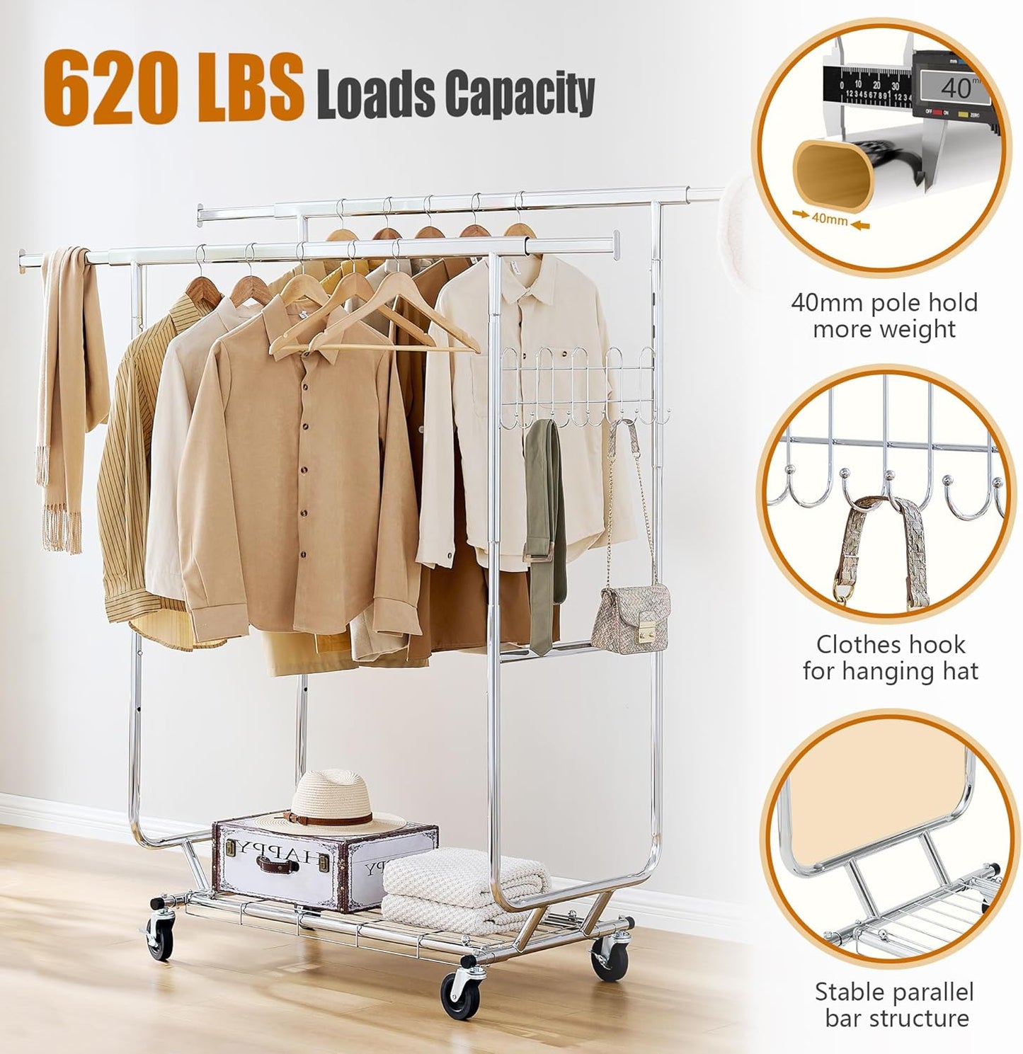 Heavy Duty Clothes Rack Load 620 Lbs, Double Rod Rolling Clothing Rack With Sturdy Wheel And Shelves，Adjustable Portable Hanging Rack For Clothes,Silver Stainless Steel