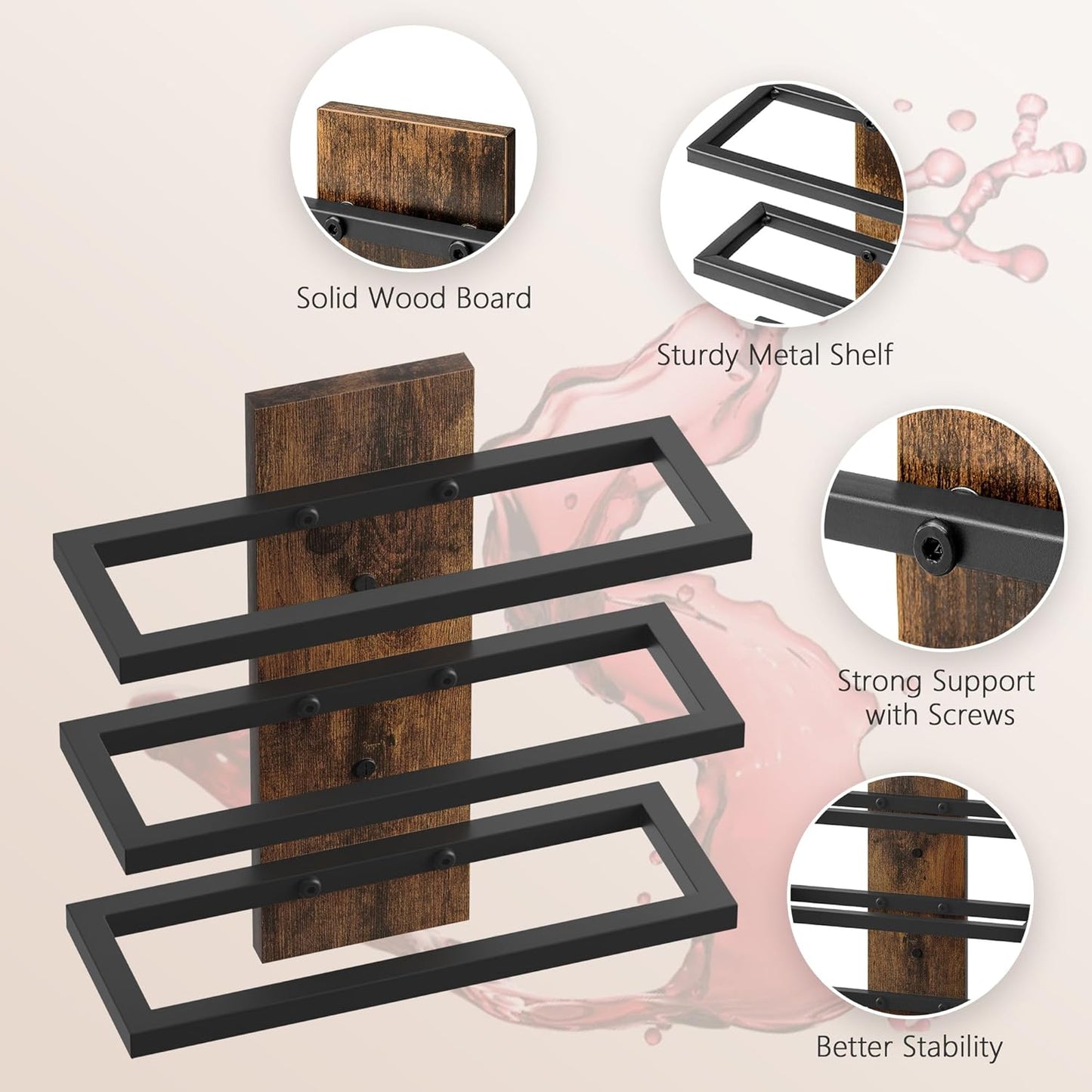 Hoctieon 3 Tier Wall Mount Wine Rack Set (9 Bottles), Wall Mounted Wine Bottle Rack for Display and Storage, Hanging Bottle Holder, for Living Room, Dining Room,Bar,Wine Cellar,Rustic Brown