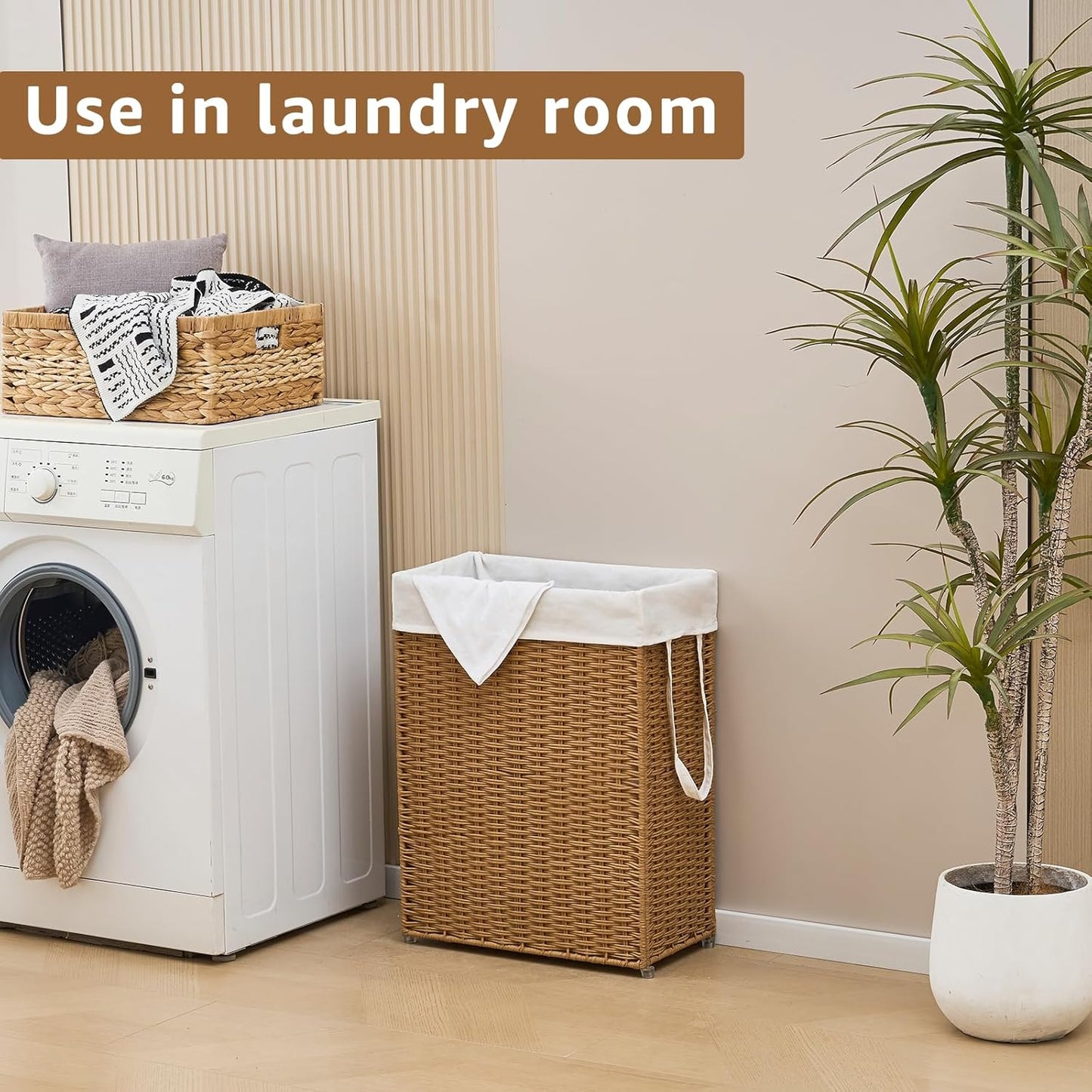 Slim Wicker Laundry Hamper, 55L Handwoven Rattan Basket with Handles, Narrow Laundry Basket with Removable Liner Bag & 2 Mesh Bags