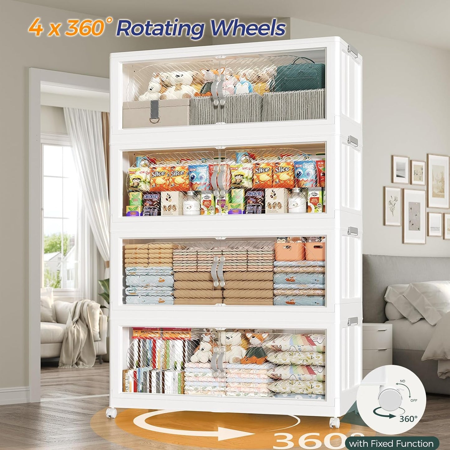 600QT Extra Large Stackable Storage Bins with Lid & Wheels & Doors, 150Gal Foldable Collapsible Closet Organizers, Plastic Cabinet Box Container Drawer for Home Kitchen Bedroom, 5Pack White