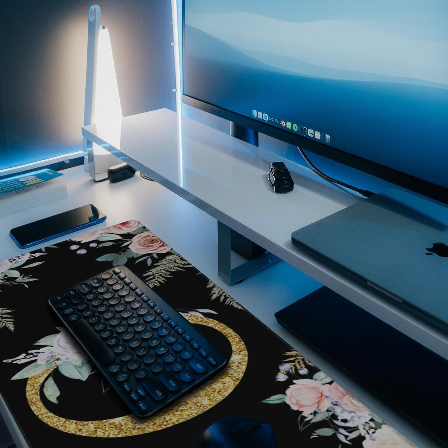 Desk Pad, Flower Golden Letters O Extended Gaming Mouse Pad Large, 35.4"x15.7" Big Mouse Pad with Non-Slip Base and Stitched Edge, Long Computer Keyboard Mouse Mat for Home Office Work