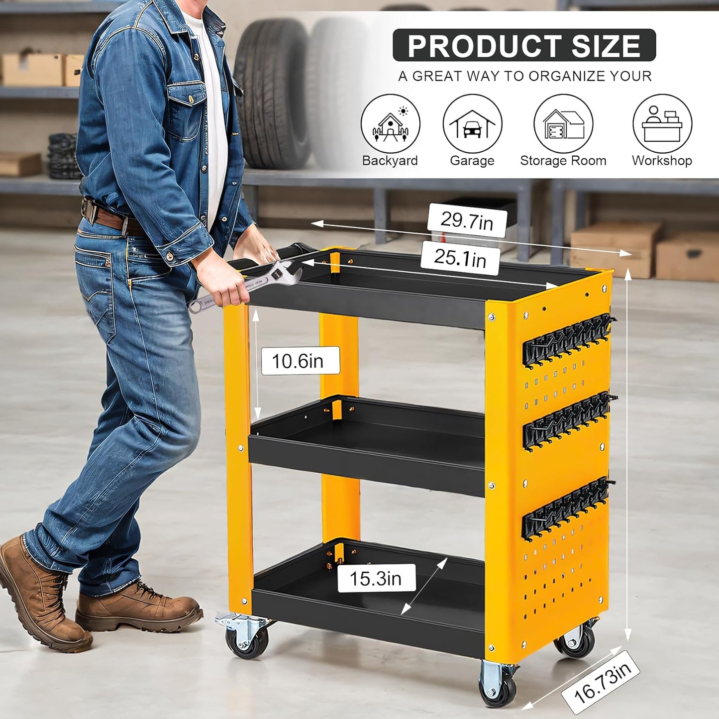 3 Tier Rolling Tool Cart on Wheels, Mechanic Storage Organizer, Rolling Work Cart with Pegboard for Garage, Workshop, Warehouse (Black&Yellow)