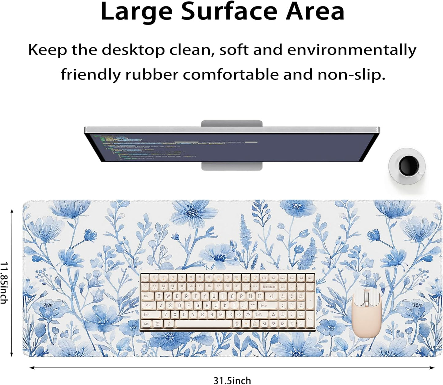 31.5”x11.8”Large Gaming Mouse Pad for Desk, Mouse Mat with Seamed Edges, Waterproof Desk Pad, Non-Slip Rubber Base, Keyboard Pad Computer Mat, Big XL Mousepad- Blue and White Flower