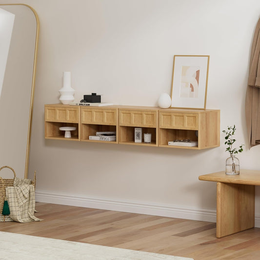 Farmhouse Floating nightstands Set of 4, Small Wall Mounted Storage Cabinet with Drawer Open Shelf, Wood Bedside End Table for Bedroom, Living Room, Natural Oak