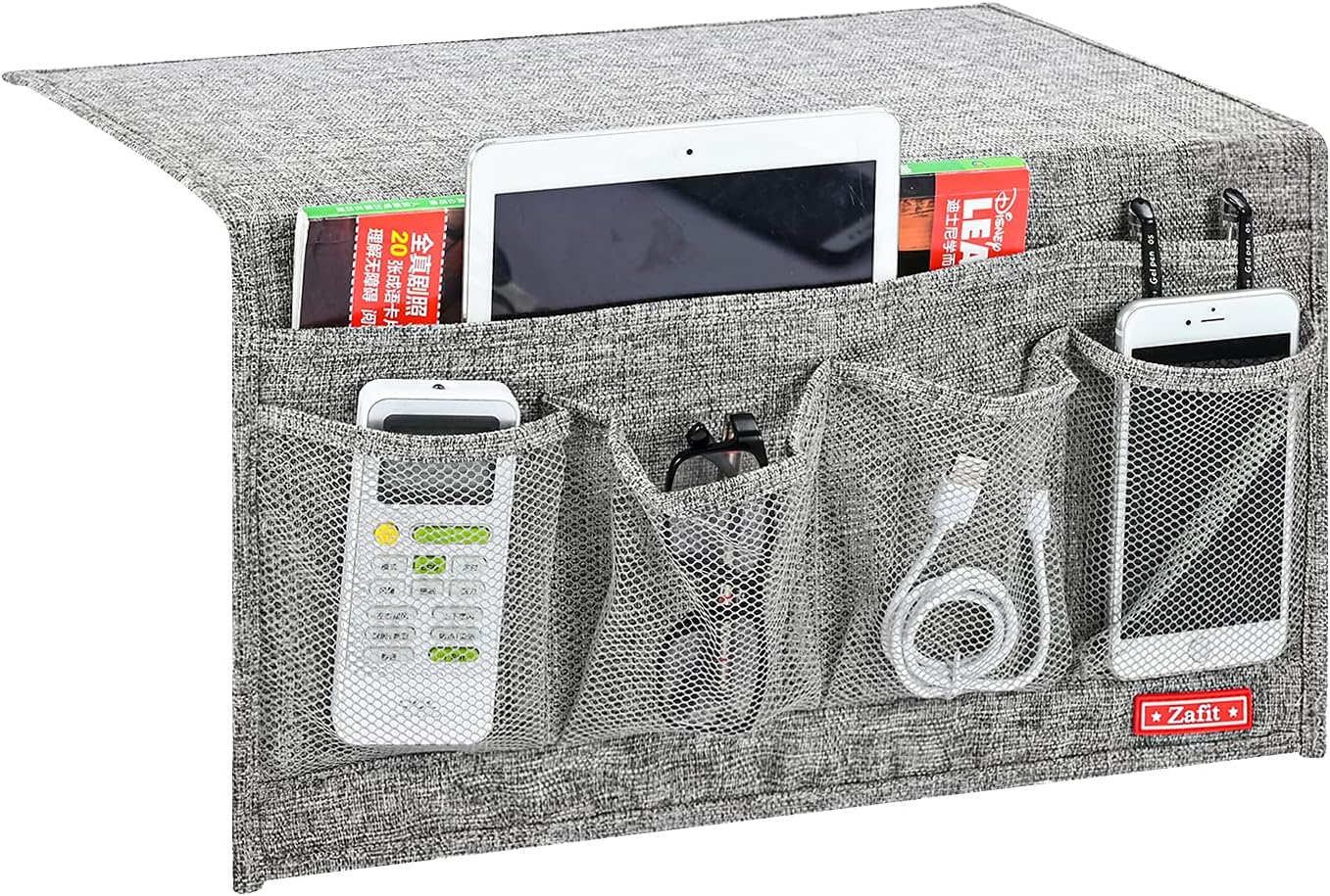Linen 6 Pockets Bedside Caddy, Bedside Storage Organizer for Magazine, Remotes, Phone (Grey)