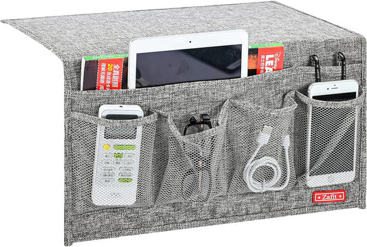 Linen 6 Pockets Bedside Caddy, Bedside Storage Organizer for Magazine, Remotes, Phone (Grey)
