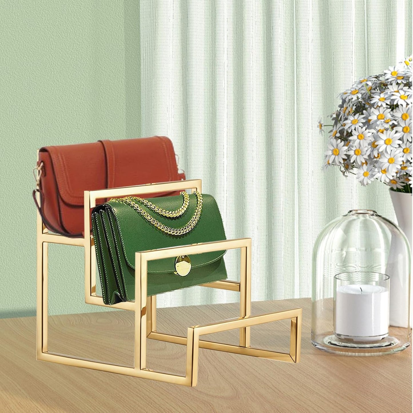 Clutch Purse Display Stand, 3 Layer Stainless Steel Wallet Display Stand Clutch Handbag Holder for Boutique Store and Home Retail, Titanium Gold