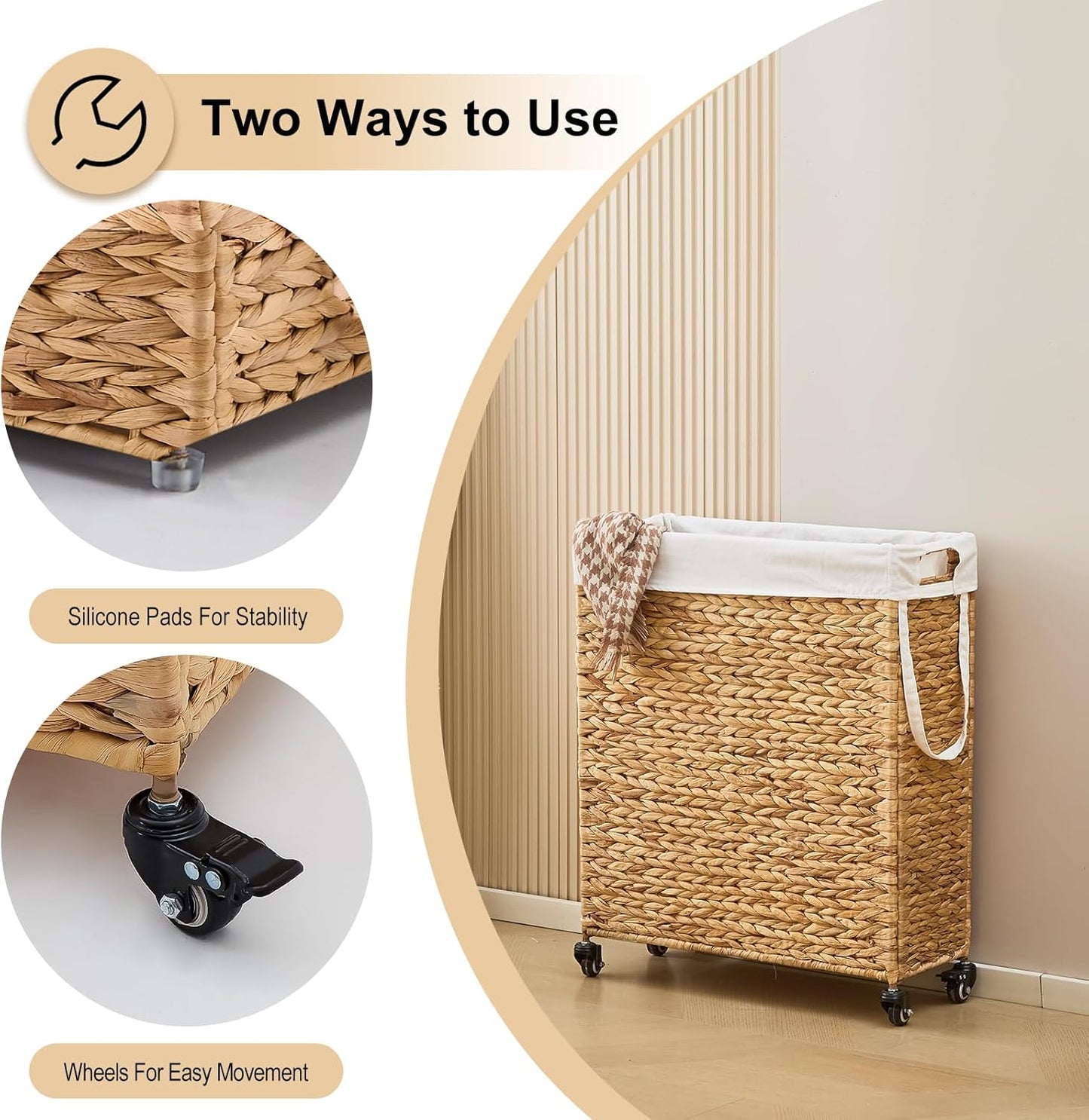 Rolling Laundry Hamper with Wheels, Slim Laundry Basket with Removable Liner Bag & 2 Mesh Bags, Handwoven Water Hyacinth Clothes Hamper for Bedroom Bathroom (Natural, 85L)