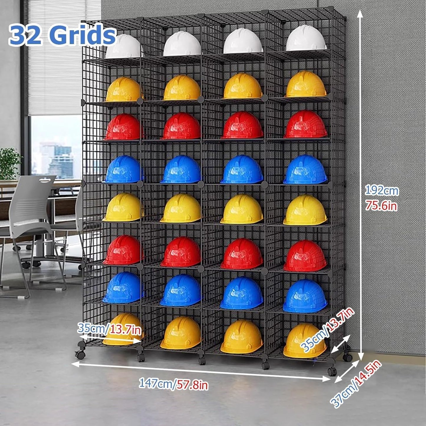 Stackable Safety Helmet Storage Boxes, Large Adjustable Hard Hat Placement Organizer Rack,with Wheels,for Construction Site/Garage/Workshop/Factory Helmet Display Shelf (Black, 32 Grids-4 * 8)