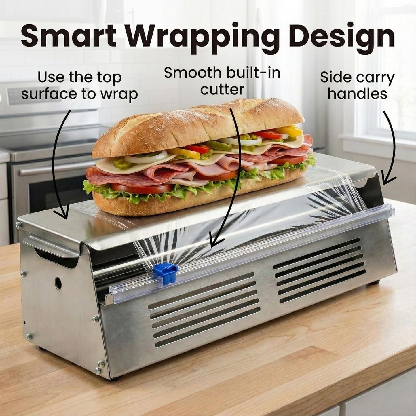 Stainless Steel Kitchen Dispenser for Foil, Plastic Wrap & Kraft Paper – Heavy-Duty Countertop Wrap Organizer – Fits Up to 18” Rolls – Modern Kitchen Gadget, Aluminum Foil & Cling Film Cutter
