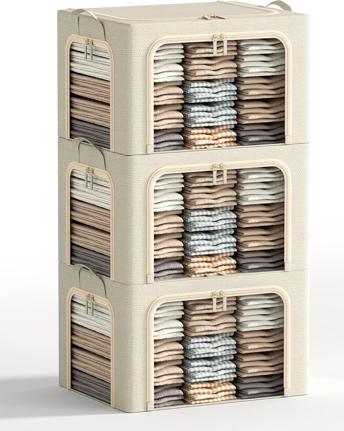 3 Opeings Large Clothes Storage Bins with Metal Frame, Foldable Storage Bin for Clothes, Clothing Storage Bins with Lid, Linen Storage Box With Clear Window＆ Zippers＆ Durable Handles.(3 Pcs,Beige,66L)