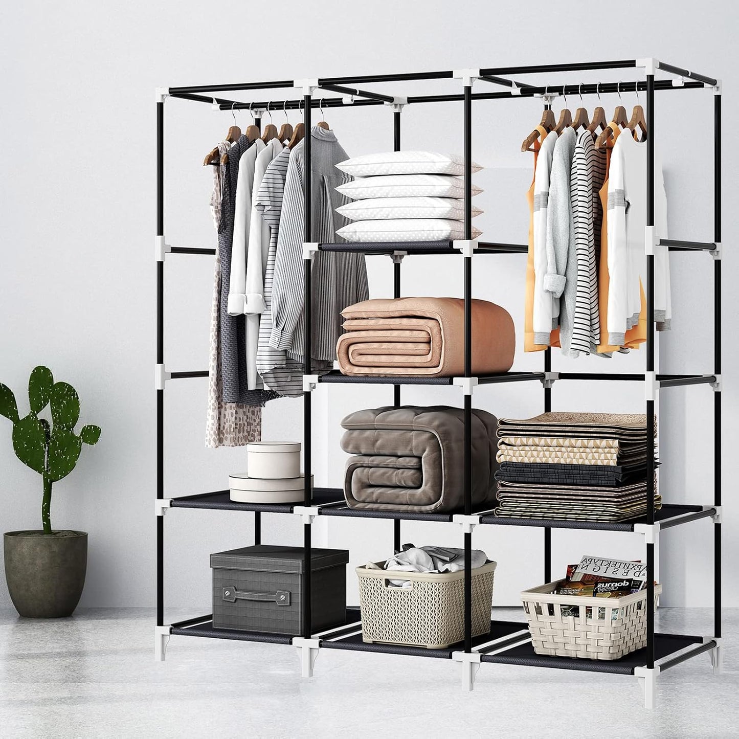 Portable Closet, 51 Inch Wardrobe Closet for Hanging Clothes with 2 Hanging Rods, 8 Storage Organizer Shelves for Bedroom, Durable and Easy to Assemble, Black