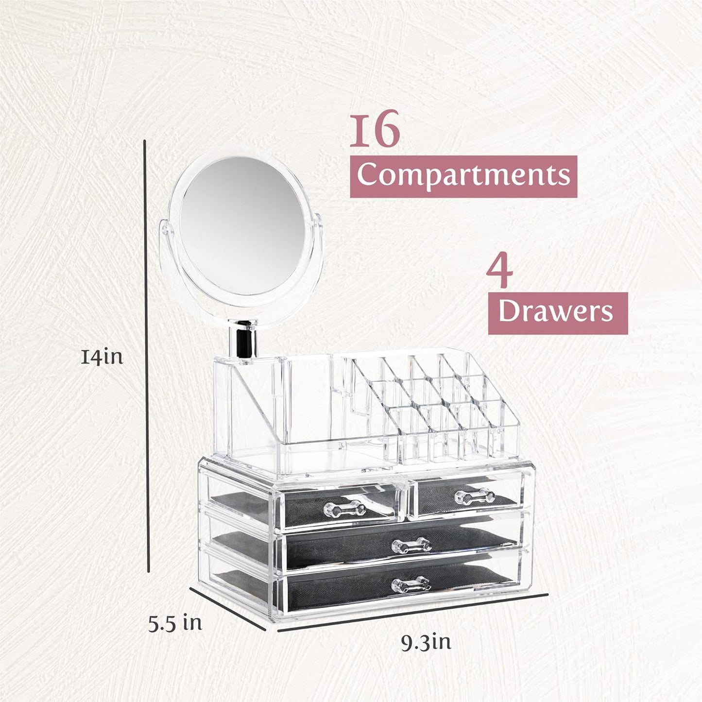 Masirs Clear Makeup Organizer with Mirror – 16-Compartment Cosmetic and Jewelry Holder, 4-Drawer Vanity Storage, Elegant Clear Design for Makeup and Accessories