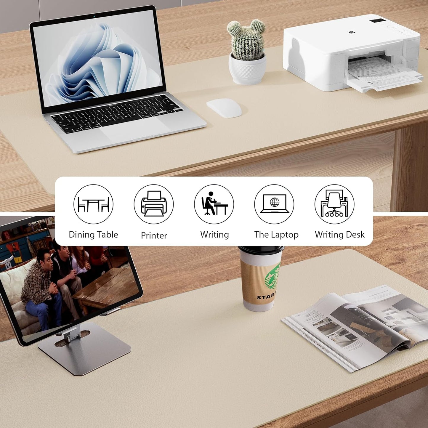 Aothia Leather Desk Pad Protector, Office Desk Mat, Large Mouse Pad, Non-Slip PU Leather Desk Blotter, Laptop Desk Pad, Waterproof Desk Writing Pad for Office and Home (48"x17", Beige)