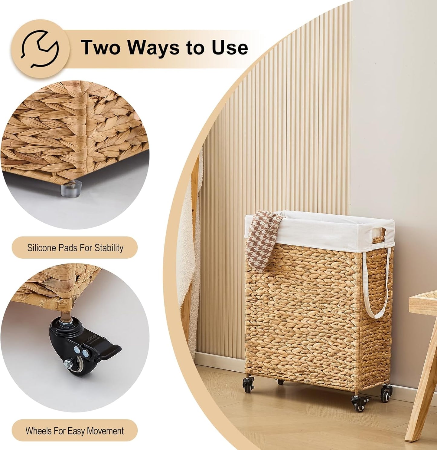 Rolling Laundry Hamper with Wheels, Slim Laundry Basket with Removable Liner Bag & 2 Mesh Bags, Handwoven Water Hyacinth Clothes Hamper for Bedroom Bathroom (Natural, 65L)