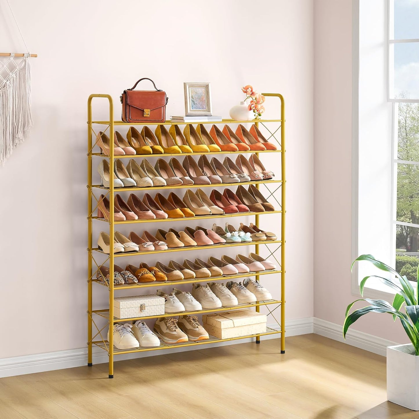 Hoctieon 8 Tier Shoe Rack for Closet, Durable Mesh Style Shoe Rack, Entryway Shoe Shelf, Shoe Storage Organizer for Hallway, Bedroom, Living Room, Wardrobe, Gold