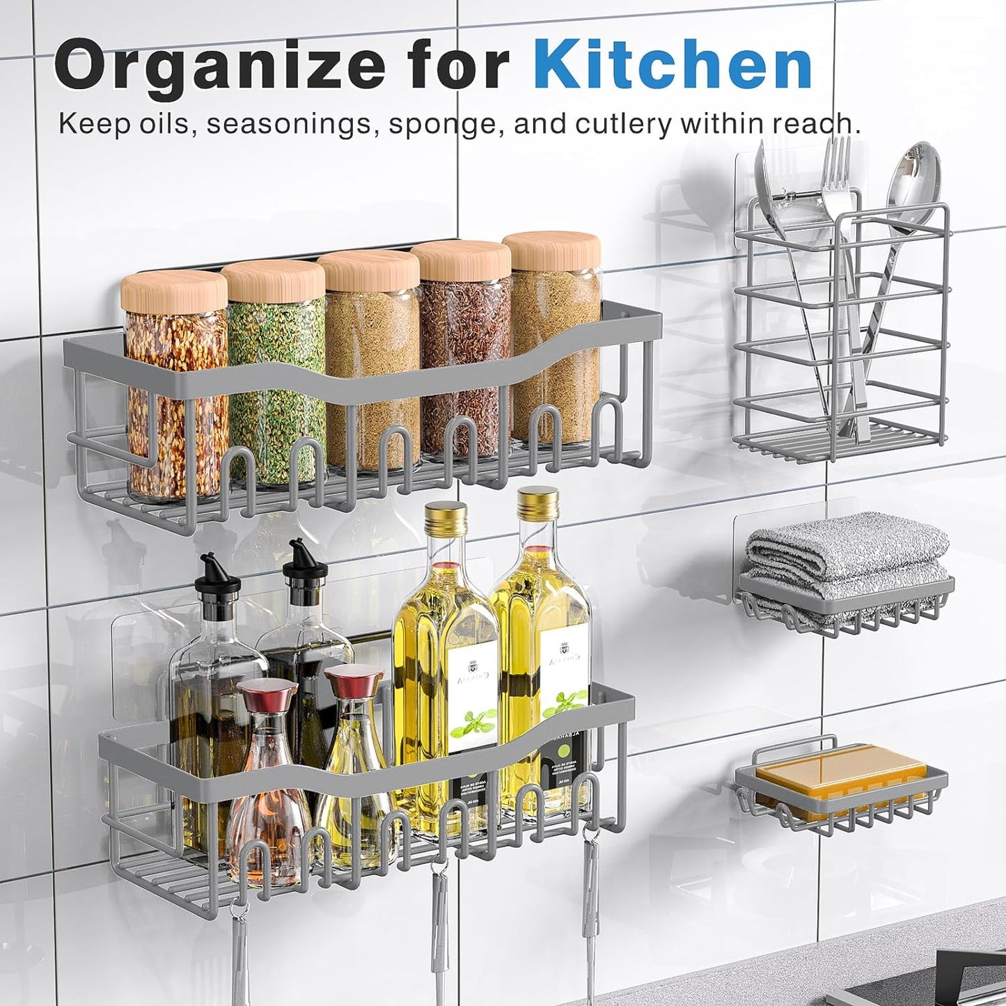 EUDELE 5-Pack Rustproof Stainless Steel Shower Caddy Set– No Drill Adhesive Bathroom Organizer, Space-Saving Shower Shelves for Apartment Essentials, Bathroom/Kitchen Storage Home Decor-L Size