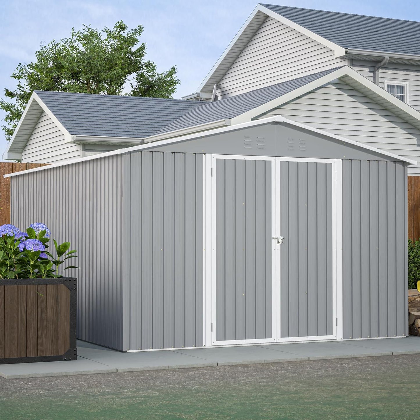 10x12 FT Outdoor Storage Shed with Floor Frame, Heavy Duty Metal Garden Tool Shed with Double Lockable Doors, Waterproof Backyard Utility Shed for Bikes, Lawn Mowers, Tools, Equipment