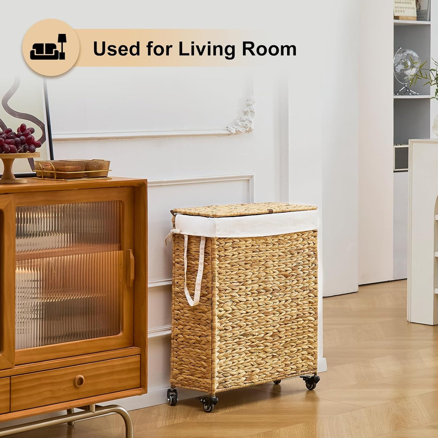 Rolling Laundry Hamper with Lid and Wheels, Slim Laundry Basket with Removable Liner Bag & 2 Mesh Bags, Handwoven Water Hyacinth Clothes Hamper for Bedroom Bathroom (Natural, 85L)