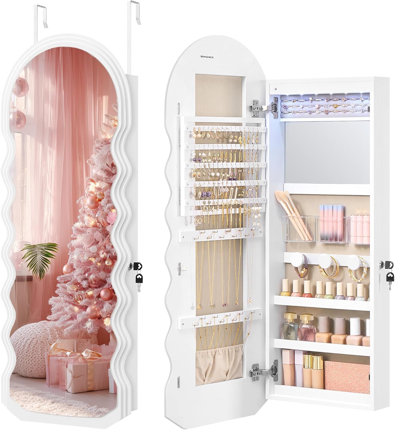 SONGMICS Mirror Jewelry Cabinet Wall Mounted Over the Door, Hanging LED Jewelry Organizer, Lockable Wavy Wide Mirror with Storage, Interior Lights, 3.9 x 16.5 x 42.5 Inches, White UJJC031W01