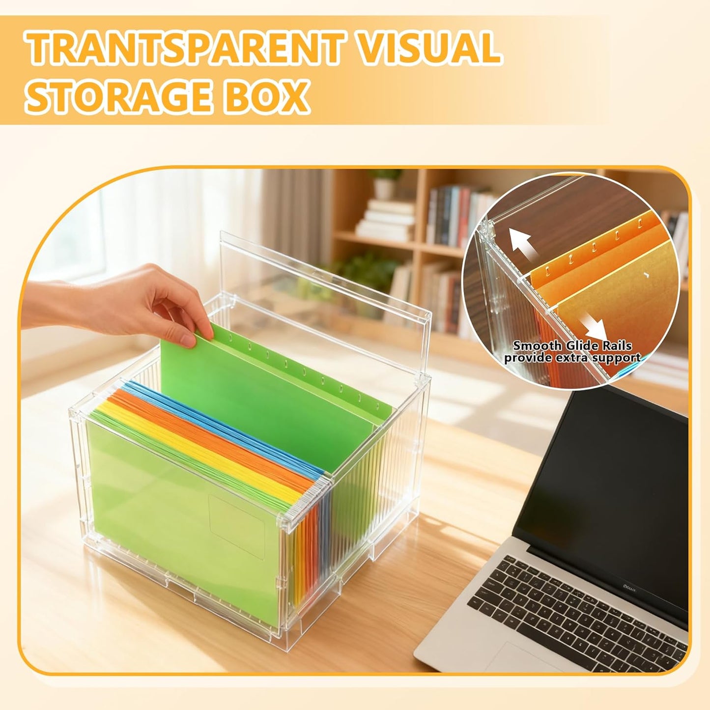 File Organizer Box with Lid,Hanging Filing Folder Organizer for Document Storage with Plastic Slide, Letter-size File Holder Filing Box for Office/Home/Decor/（1Pack）