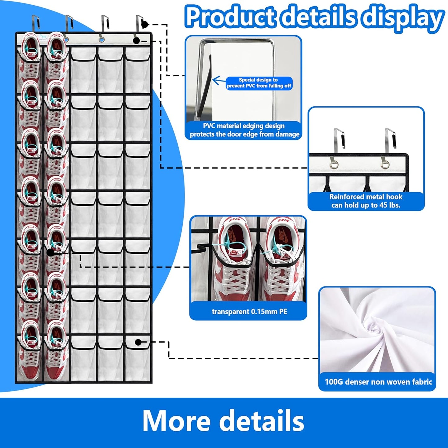 over the door shoe organizer,2025 upgraded,over the door shoe organizer,35 Huge clear pockets,over door shoe organizer,Store size 13 shoes,Strong material,hooks Suitable for various doors,White