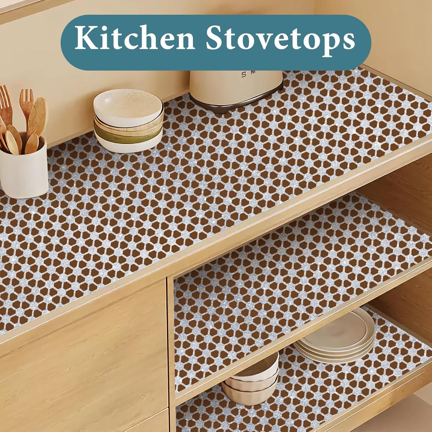 Drawer and Shelf Liner for Kitchen Cabinet: 12 in X 20 Ft Non Slip Waterproof Shelf Paper Non Adhesive Refrigerator Liners Silver Square Easy Liners for Bathroom with Knife Tape Measure