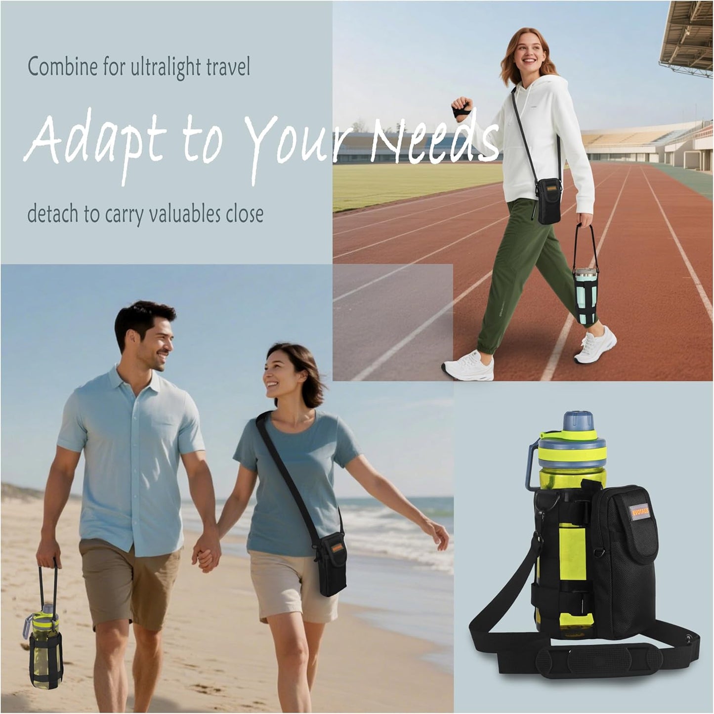 Water Bottle Holder with Strap - MOLLE Bottle Carrier Sling for Walking - Manual Strap Adjustment for Precise Fit of Most 18-64 oz Bottles (Check Size Fit Guide), Black
