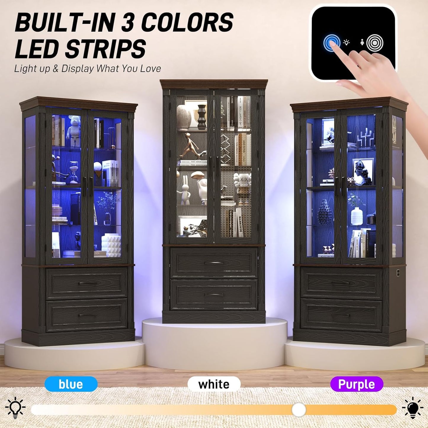 St.Mandyu 71" Tall Display Cabinet with Glass Doors, Curio Case with LED Sensor Lights and 2 Storage Drawers for Living Room, Home, Kitchen, Black