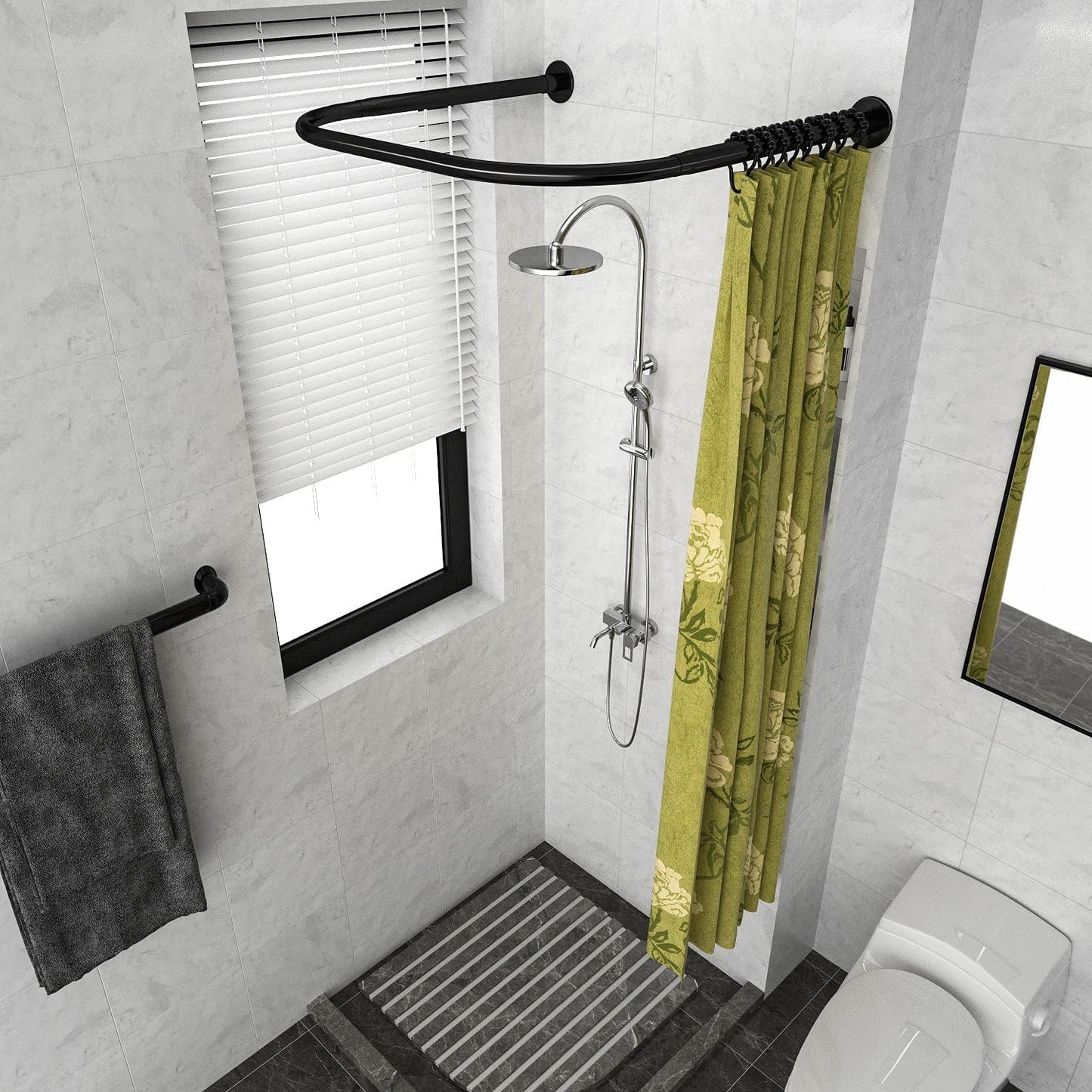 U Shower Curtain Rod Adjustable Stainless Steel U Shaped Rack Drill Free Install for Bathroom, Bathtub, Clothing Store (Black U Shaped, Length on both sides:31.5"-47",Middle width:34.7"-43")