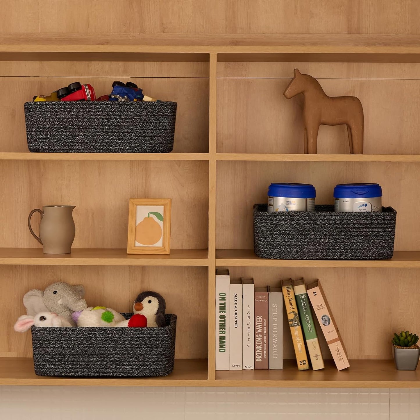 Large Shallow Organizing Baskets 15x11x5.1 Inches - Rope Woven Storage Bins for Bathroom, Shelves, Cube Closet, Mixed Black 3 Packs