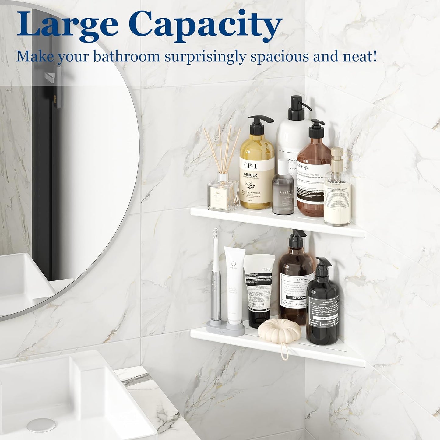 Corner Shower Shelves, 10” Recessed Tile Shower Shelf, 304 Stainless Steel Grout in Corner Tile Shower Shelves, No Drilling, Matte White, 2 Pack