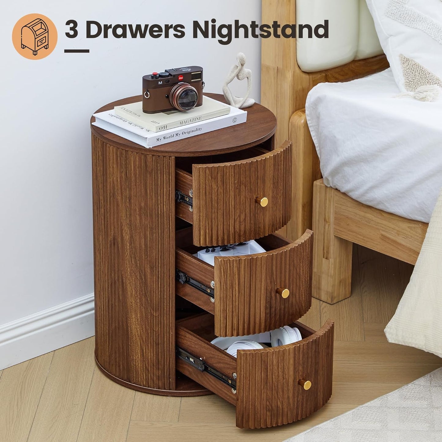 Fully Assembled Round End Table with 3 Storage Drawers, 15.75”Mid Century Side Table for Living Room, 3 Drawers Nightstand for Bedroom, Circle Sofa Bedside Table (Walnut-2 pcs)