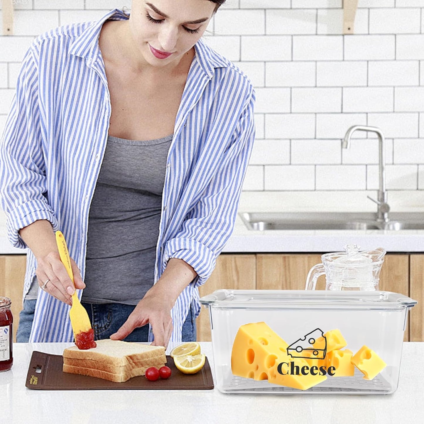Cheese Holder Food Storage, Airtight Cheese Storage Box with Lid- Non Toxic, Lunch Meat Storage Sandwich Ham Cheeses Salami Sliced Turkey for Refrigerator to Keep Food Fresh,Clear-1Pack